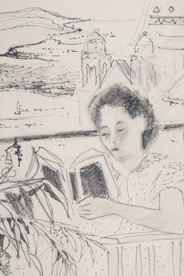 a drawing of a woman reading a book in a chair