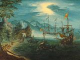 an image of a painting of boats in a body of water