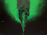 an image of a black and green painting of a person on a surfboard