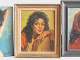 three framed paintings of women in different colors and sizes