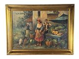 une peinture à l'huile représentant une femme vendant des légumes devant un immeuble