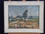 une peinture à l'huile d'un paysage avec une église au loin