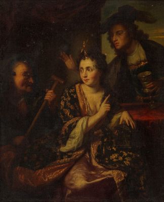 un tableau représentant deux hommes et une femme assis dans une pièce