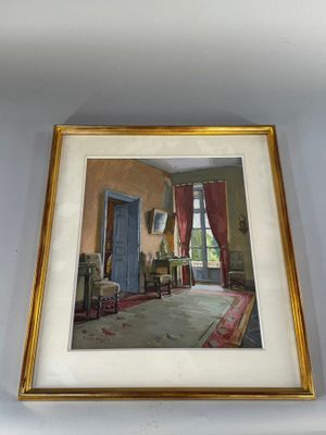 tableau encadré représentant un salon avec des rideaux rouges et une porte bleue