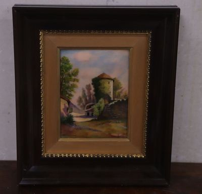 peinture représentant un paysage avec un pont et une maison en arrière-plan