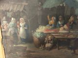 a painting of a market scene with people and a dog