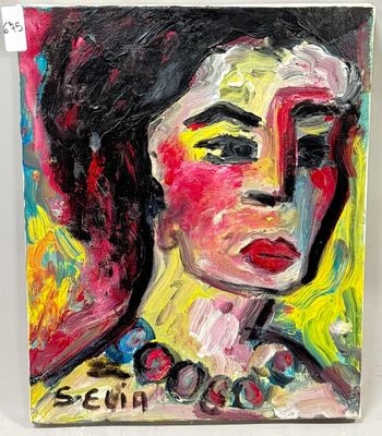 a painting of a woman ' s face on a yellow background