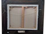 an old picture frame with a picture hanging on a rope