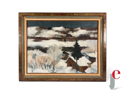 une image représentant une peinture d'une maison sous la neige