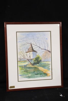 painting of a church in a field with a tree in the foreground
