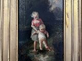 une peinture à l'huile représentant deux enfants jouant dans un ruisseau
