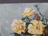 a painting of yellow roses in a vase on a table