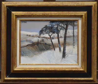 une peinture à l'huile représentant un paysage enneigé avec des arbres et une clôture
