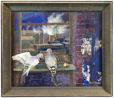 un tableau représentant deux oiseaux perchés sur un rebord de fenêtre