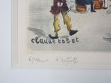 a drawing of a man walking down the street with a suitcase