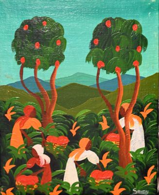 painting of a group of people picking apples from a tree