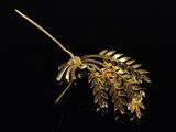 a close up of a gold flower brooch on a black surface