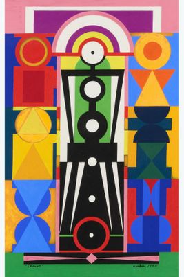 an abstract painting of a clock on a colorful background