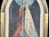 a painting of a woman in a white dress and a man in a red robe