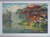 oil painting of a river scene with a red tree in the foreground