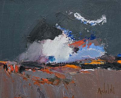 une peinture à l'huile représentant un nuage dans le ciel au-dessus d'une plage