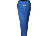 un gros plan d'un sac de couchage bleu sur fond blanc