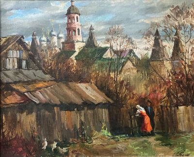a painting of a woman standing in front of a building