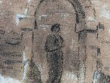 drawing of a man standing in front of a doorway with a dog