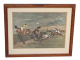 tableau représentant une course hippique avec des jockeys et des chevaux franchissant un obstacle