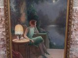 une peinture à l'huile représentant une femme assise à une table près d'une lampe