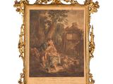une vieille photo représentant un tableau où l'on voit un homme et une femme dans un décor boisé