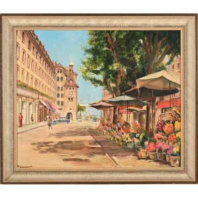 une peinture à l'huile représentant une scène de rue avec des fleurs et des parapluies