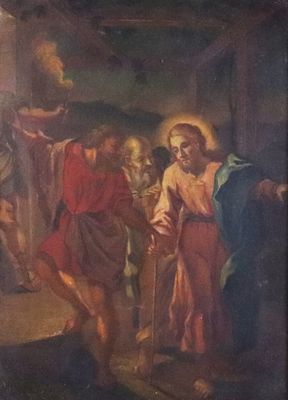 tableau représentant un groupe de personnes rassemblées autour d'un homme tenant une croix