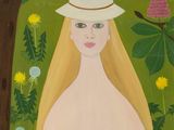 tableau représentant une femme coiffée d'un chapeau tenant un oiseau dans un champ