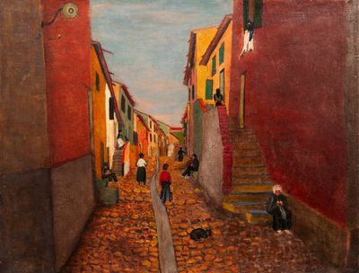 tableau représentant des personnes marchant dans une rue pavée d'une vieille ville