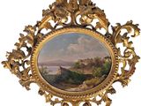 une image d'un tableau représentant un paysage dans un cadre doré