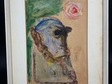 tableau représentant un chien coiffé d'un chapeau et tenant une fleur, dans un cadre blanc