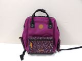 purple and black backpack with a flower design on the front