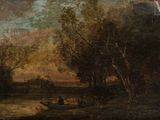 une image représentant un tableau d'une rivière avec un bateau au premier plan