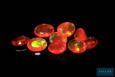 quelques oplites rouges et jaunes en forme de flammes posées sur une surface noire