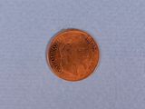 a close up of a penny sitting on top of a white surface
