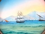 a picture of a painting of a ship in the water