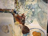 a painting of a vase of flowers and a plate of food on a table