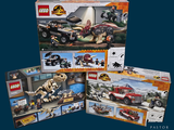 three lego sets of dinosaurs and a car in a display case