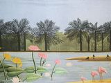 un tableau représentant des flamants roses au bord d'un lac