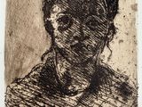 a black and white drawing of a woman ' s face