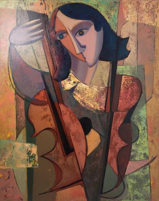 peinture abstraite représentant une femme jouant du violon dans une pièce