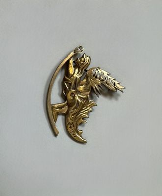 a gold fish and a bird brooch on a white surface