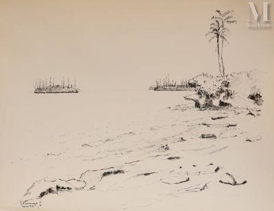un dessin en noir et blanc représentant une plage avec un bateau au loin