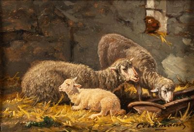 painting of sheep and lambs eating hay in a barn